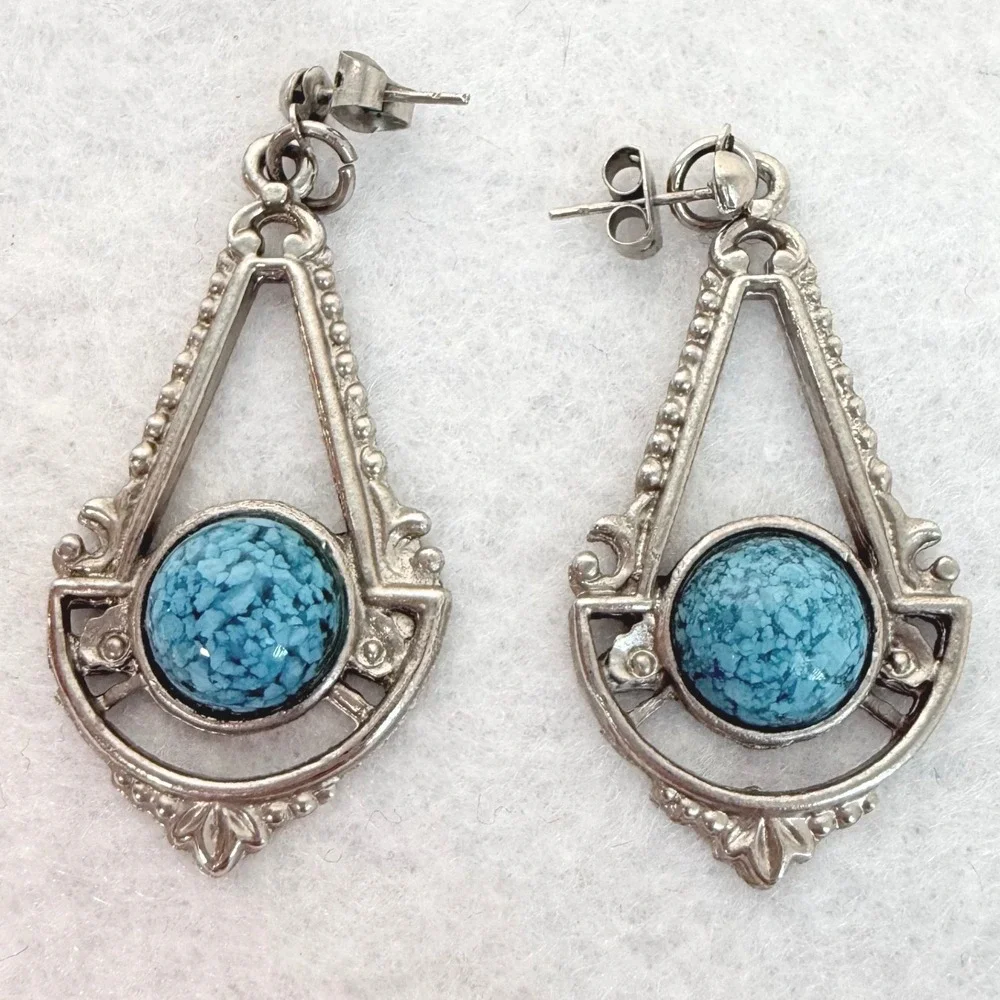 VTG‎ Silver Tone Faux Turquoise Dangle Earrings Southwest Art Deco Boho